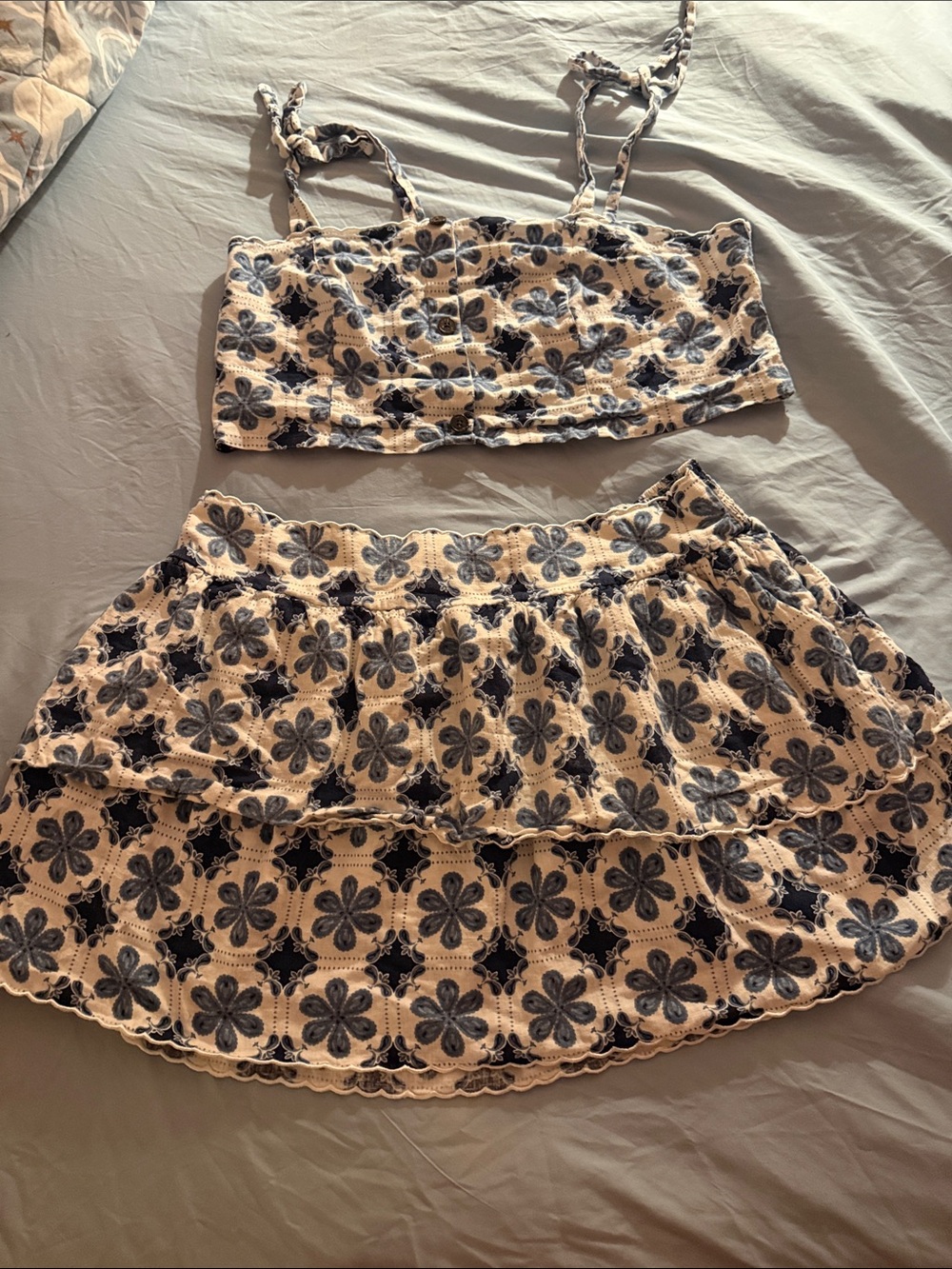 Agua Bendita Cream and Blue Floral Crochet Mini Skirt set